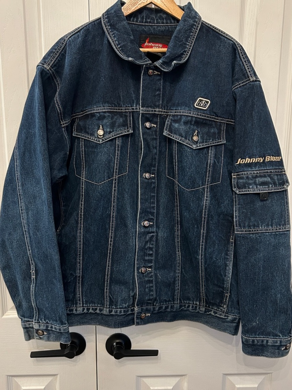 Vintage Johnny Blaze Denim Trucker Jacket XL Y2K Hip Hop Streetwear